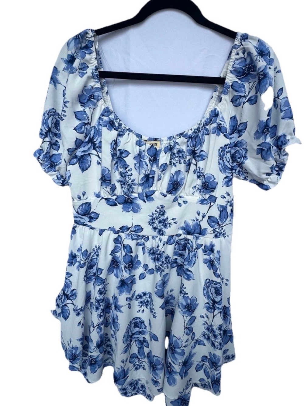 Red Hearts XL Cottagecore Blue Floral Square/Shoulder Neck Summer Dress Romper